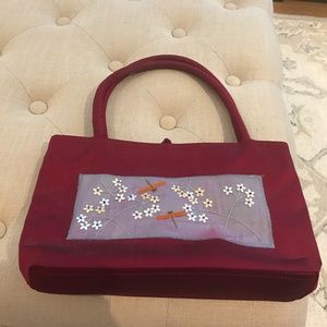 Vintage dragonfly embroidered purse - cranberry material